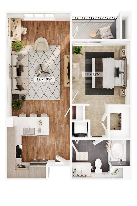 Floor plan for 1 bed, 1 bath, 755 sqft